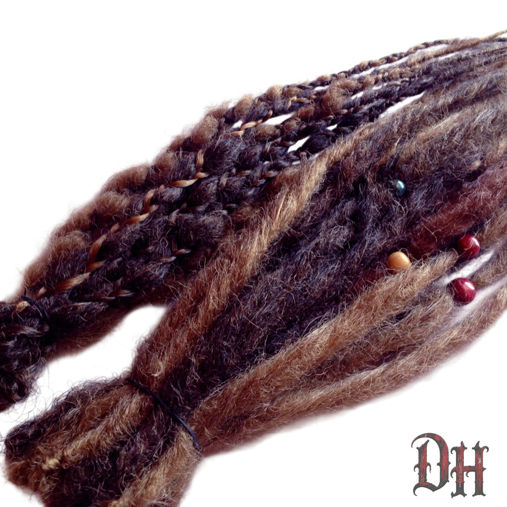 15 SE Single Ended Brown Mix Dreads Dreadlocks Hair Extensions with Wraps and Beads