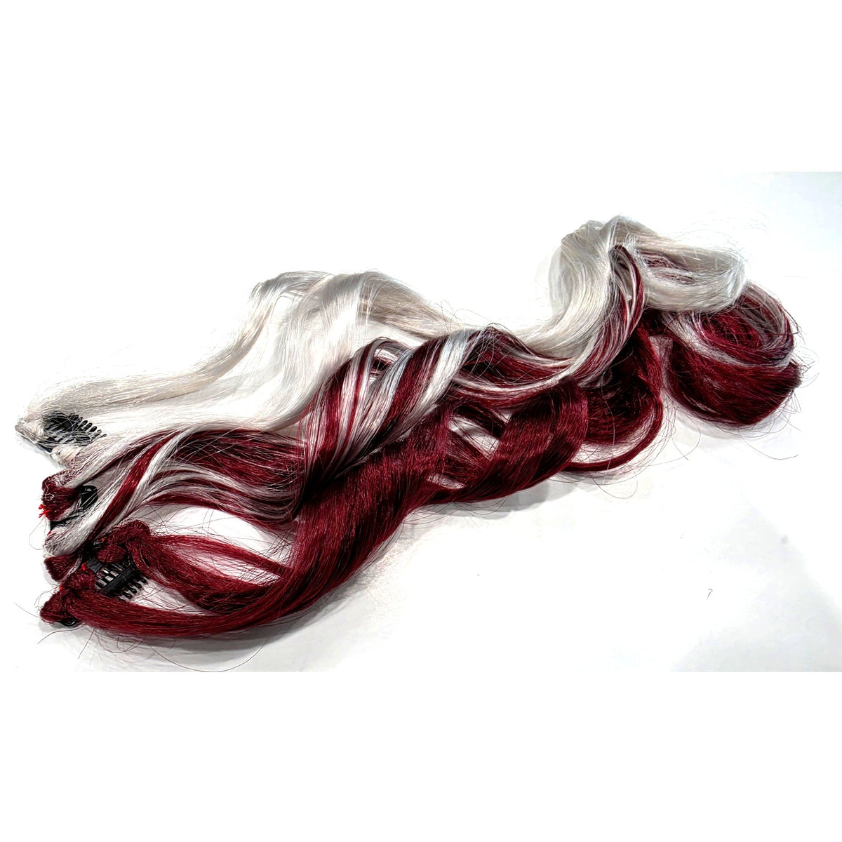 Burgundy Wine Red and Silver White Clip in Synthetic Hair Extensions Streaks