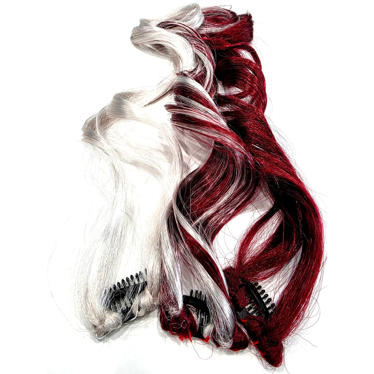 Burgundy Wine Red and Silver White Clip in Synthetic Hair Extensions Streaks