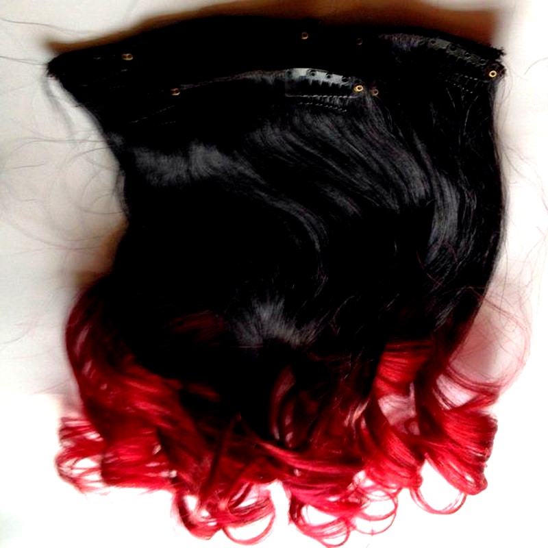 Black Bright Red Ombre Human Hair Clip or Tape in Extensions 18 inches