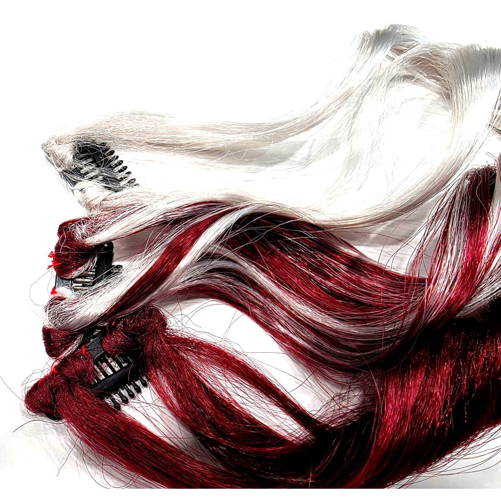 Burgundy Wine Red and Silver White Clip in Synthetic Hair Extensions Streaks