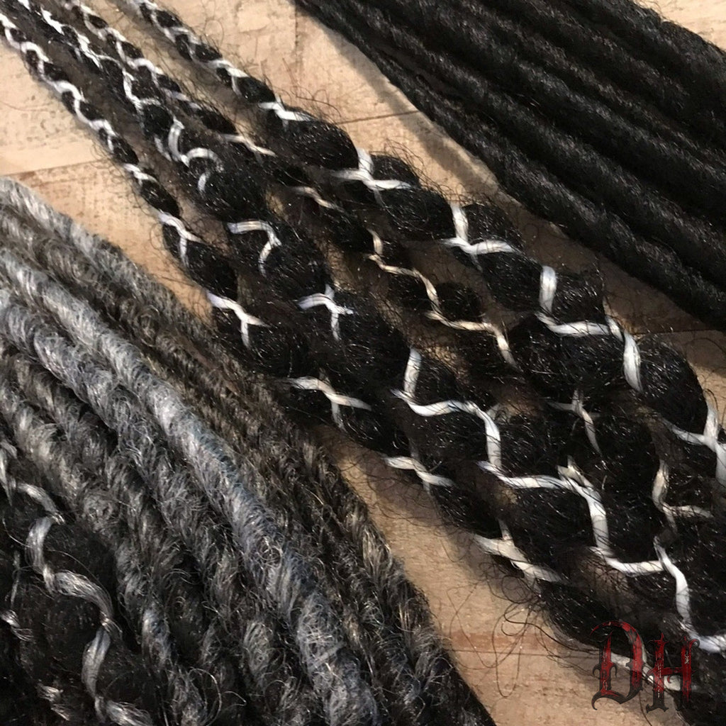 70 SE Single Ended Black Silver Grey White Dreads Dreadlocks Hair Extensions