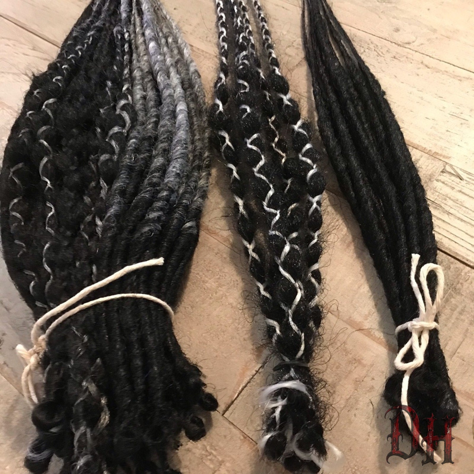 70 SE Single Ended Black Silver Grey White Dreads Dreadlocks Hair Extensions