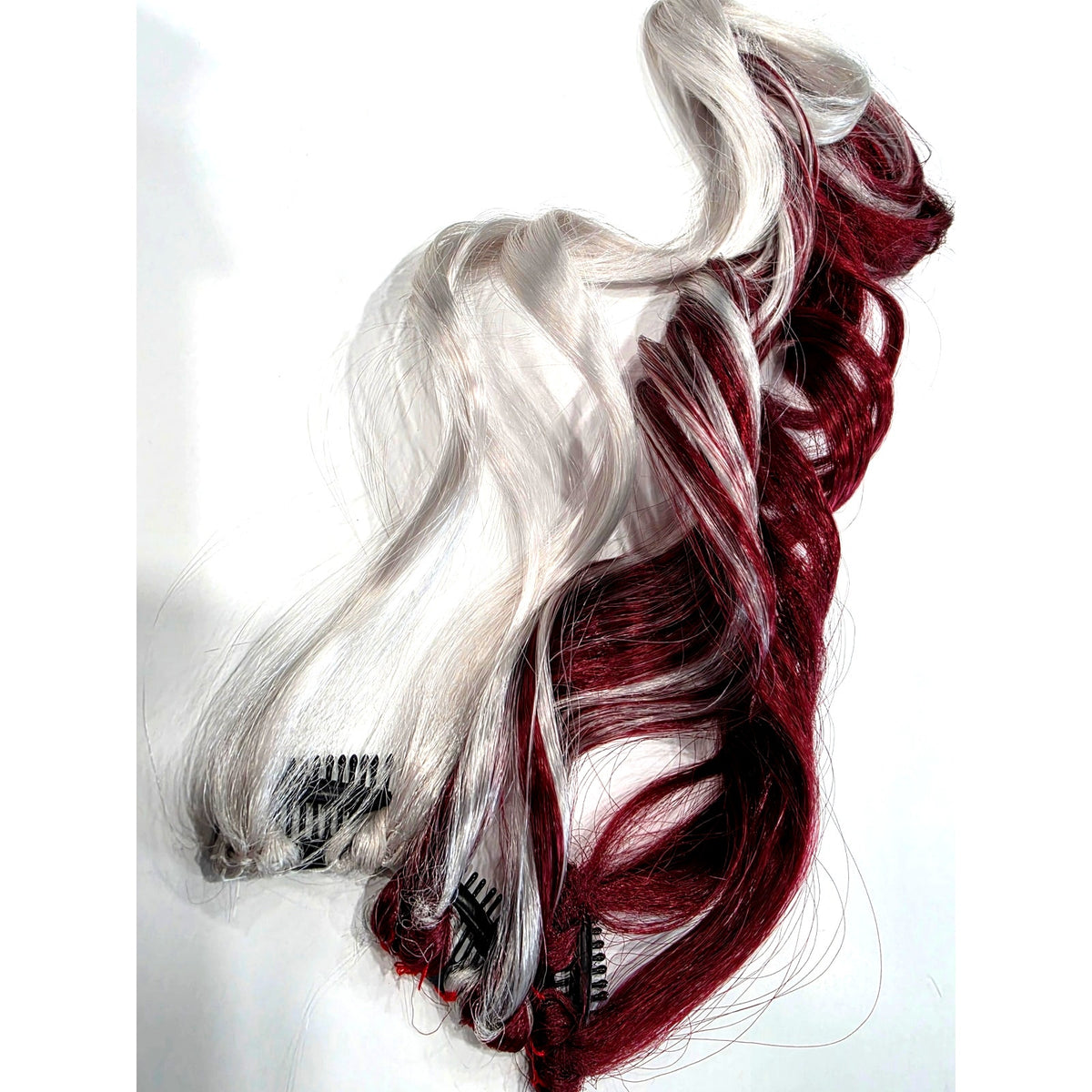 Burgundy Wine Red and Silver White Clip in Synthetic Hair Extensions Streaks