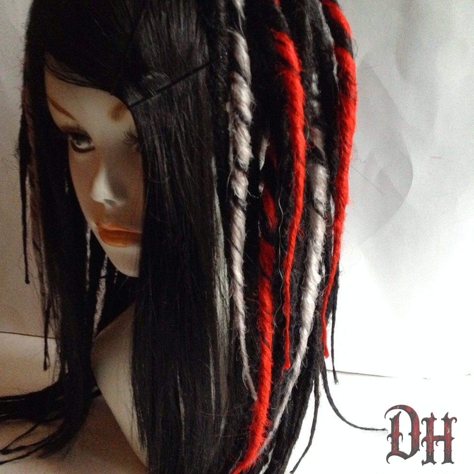 Black Red White Full Dread Dreadlock Wig HANDMADE