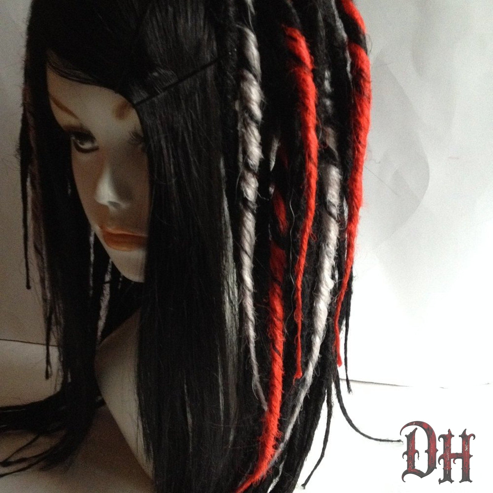 Black Red White Full Dread Dreadlock Wig HANDMADE