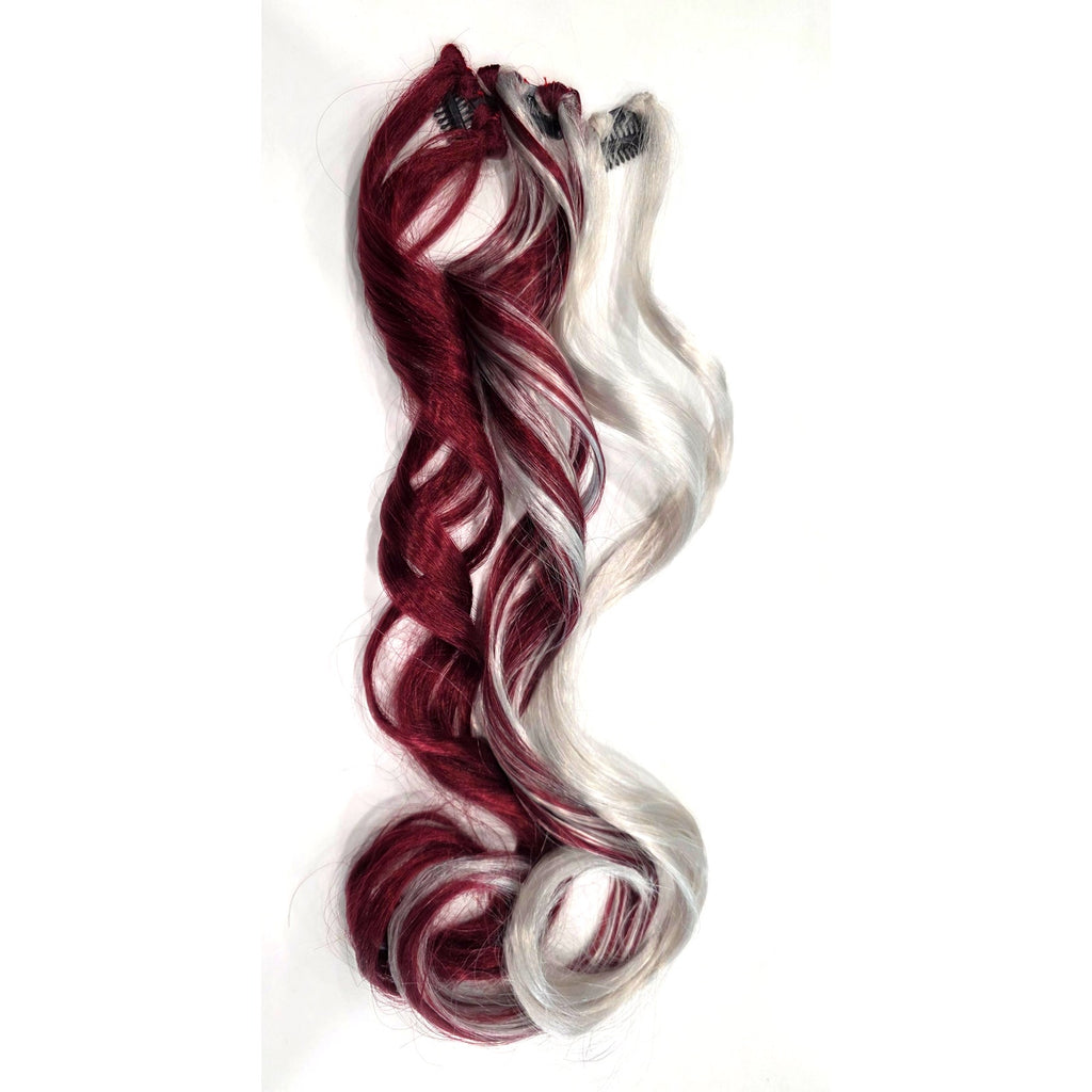 Burgundy Wine Red and Silver White Clip in Synthetic Hair Extensions Streaks