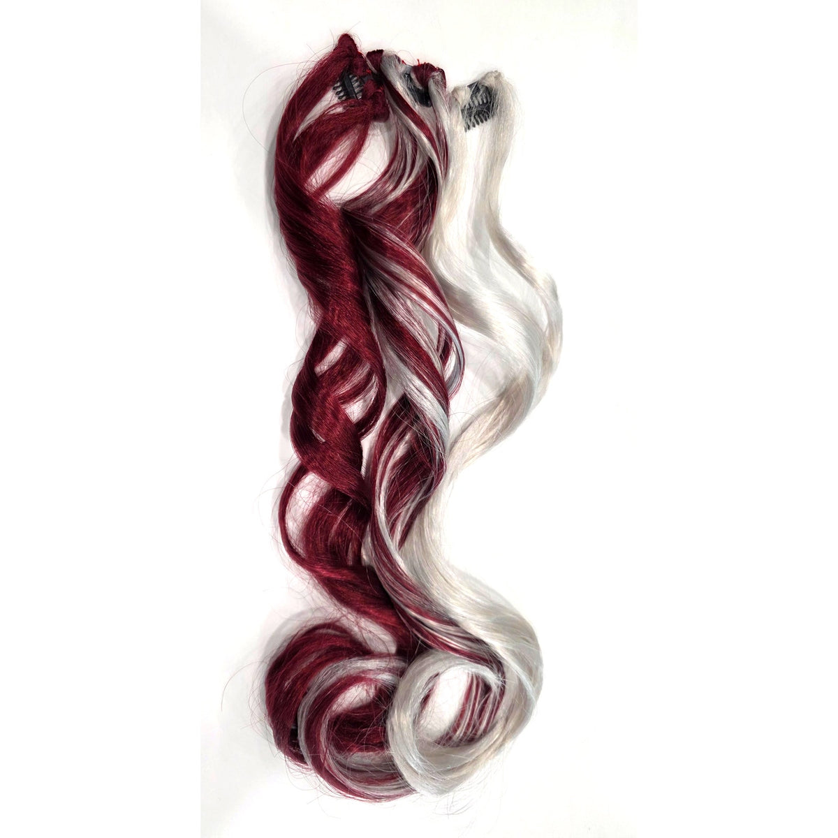 Burgundy Wine Red and Silver White Clip in Synthetic Hair Extensions Streaks
