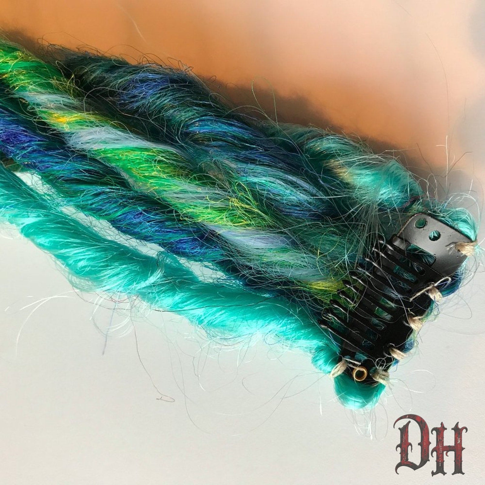 Green Blue Clip in Dread Dreadlock Hair Extensions